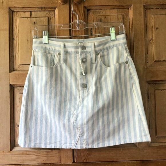 Madewell Size 26 Blue White Striped Denim Skirt Button Fly NWT Coastal New - Picture 1 of 9